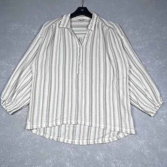 Loft Button Women’s Size Small Beige White Striped Long-Sleeved Shirt Pullover - Picture 1 of 12